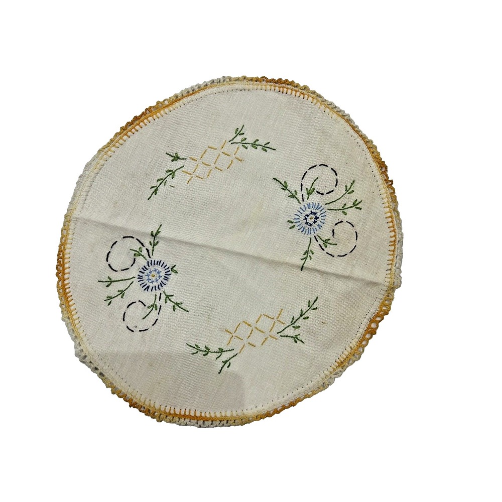 Vintage Embroidered Linen Cross Stitch Blue Flowers Laced Edge Cottagecore‎